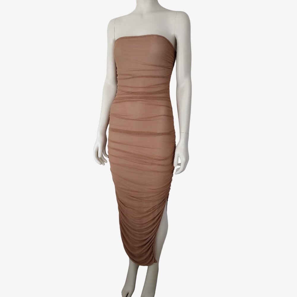 Fashion Nova Tan Mesh Ruched Side Slit Maxi Tube Dress Size S - Picture 3 of 13